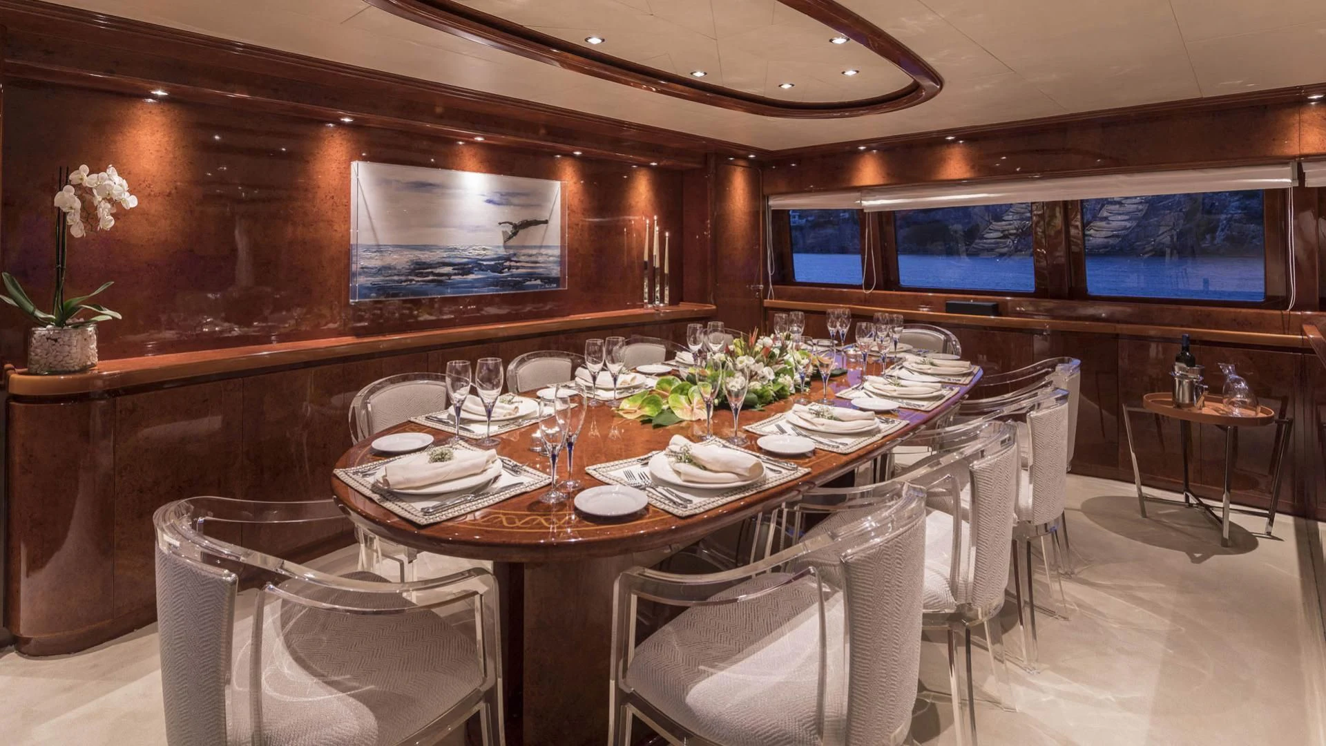 a dining table set for a dinner aboard SOLE DI MARE Yacht for Sale