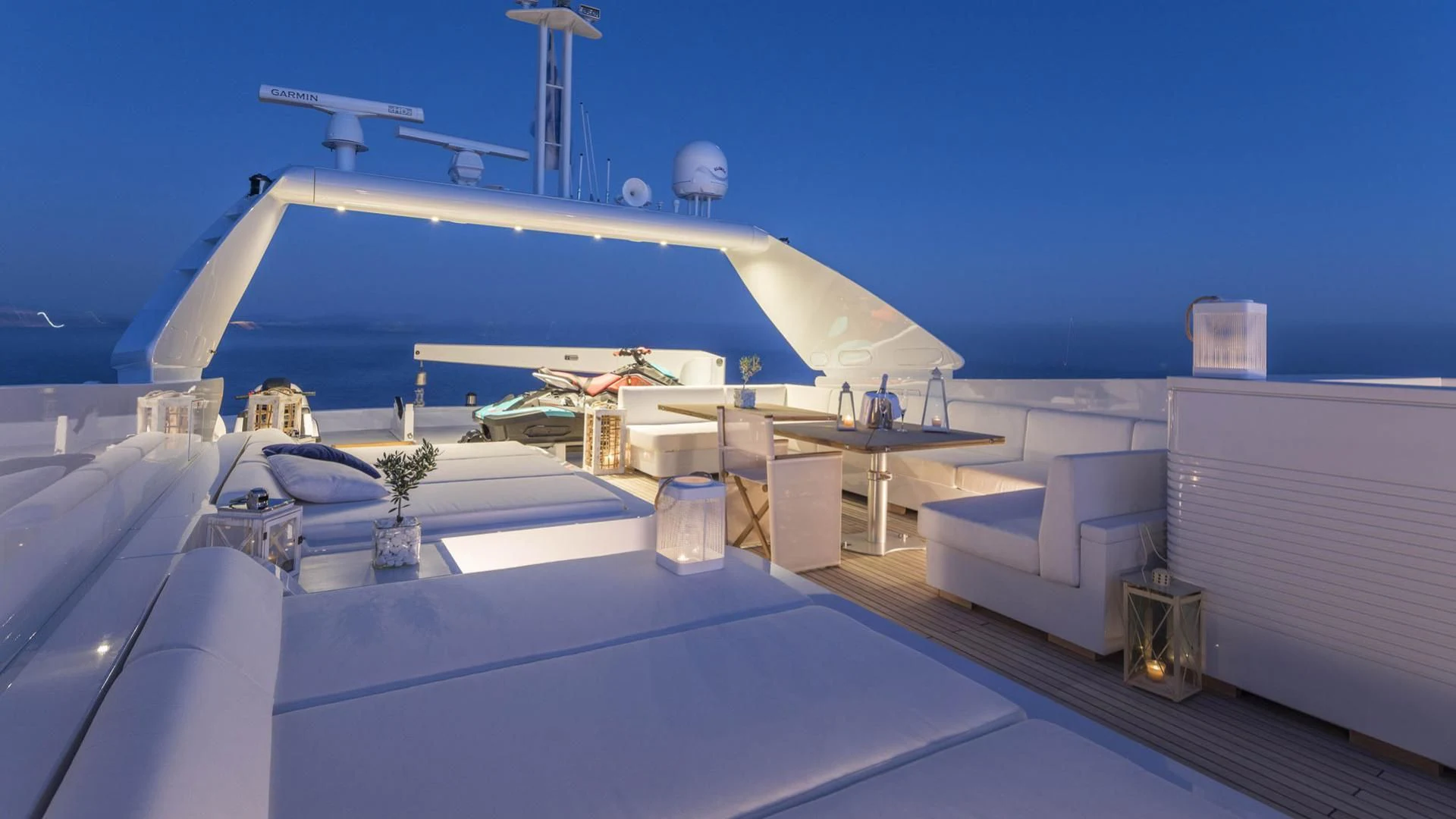 a large white building with a large white dome and a satellite dish on top of it aboard SOLE DI MARE Yacht for Sale