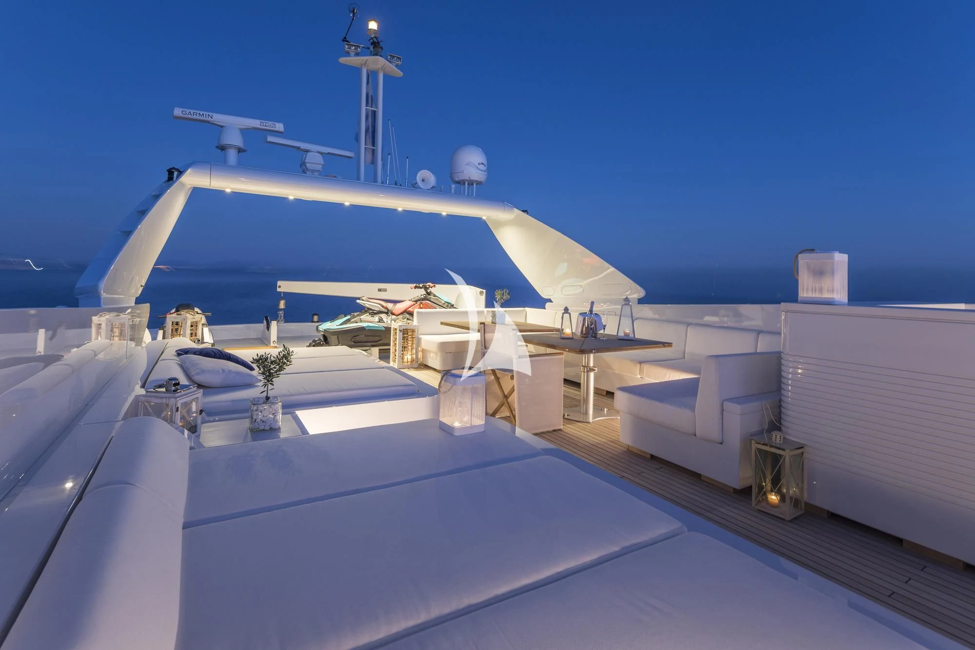 a large white ship with a satellite dish on the deck aboard SOLE DI MARE Yacht for Sale
