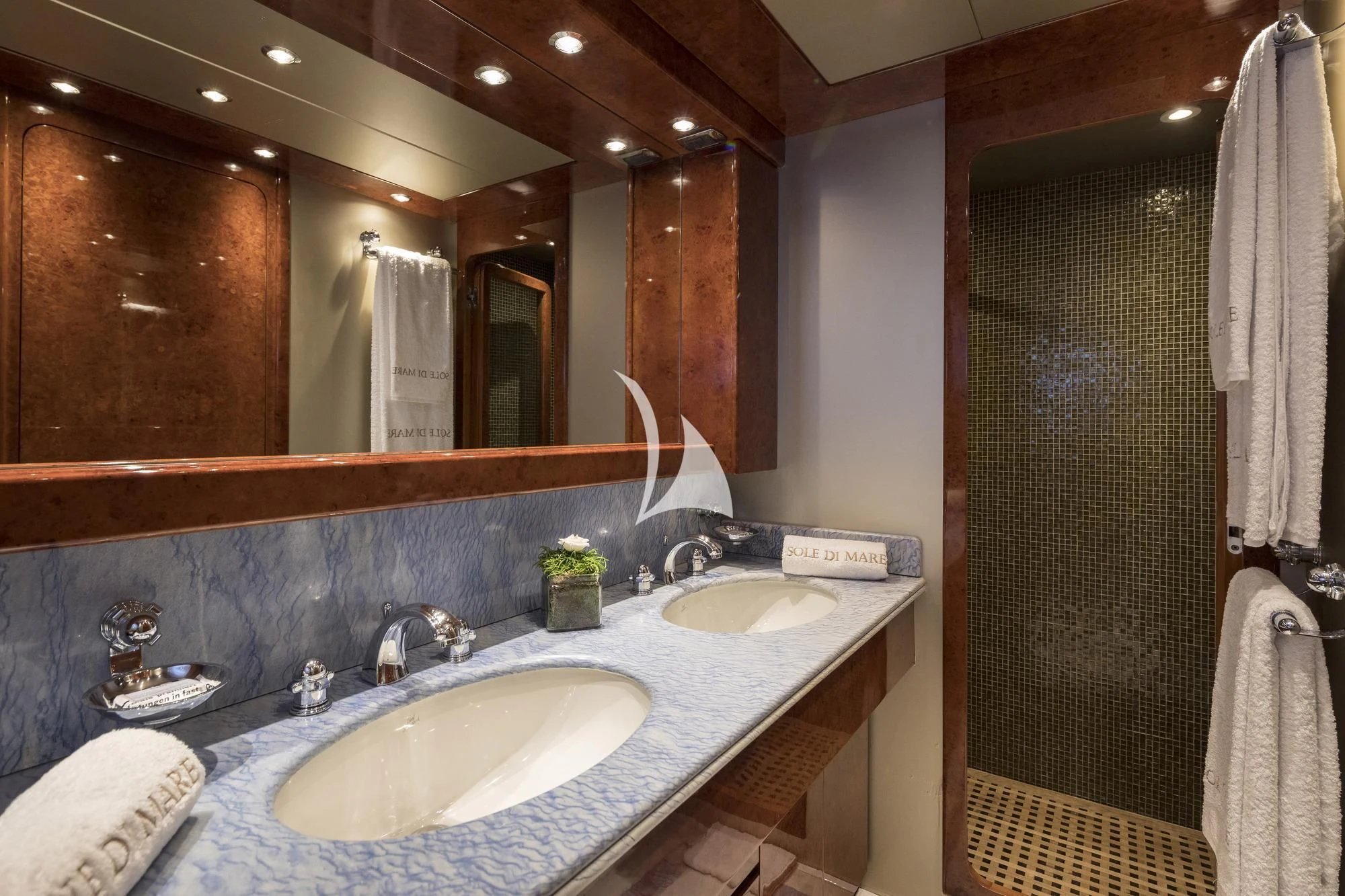 a bathroom with two sinks aboard SOLE DI MARE Yacht for Sale