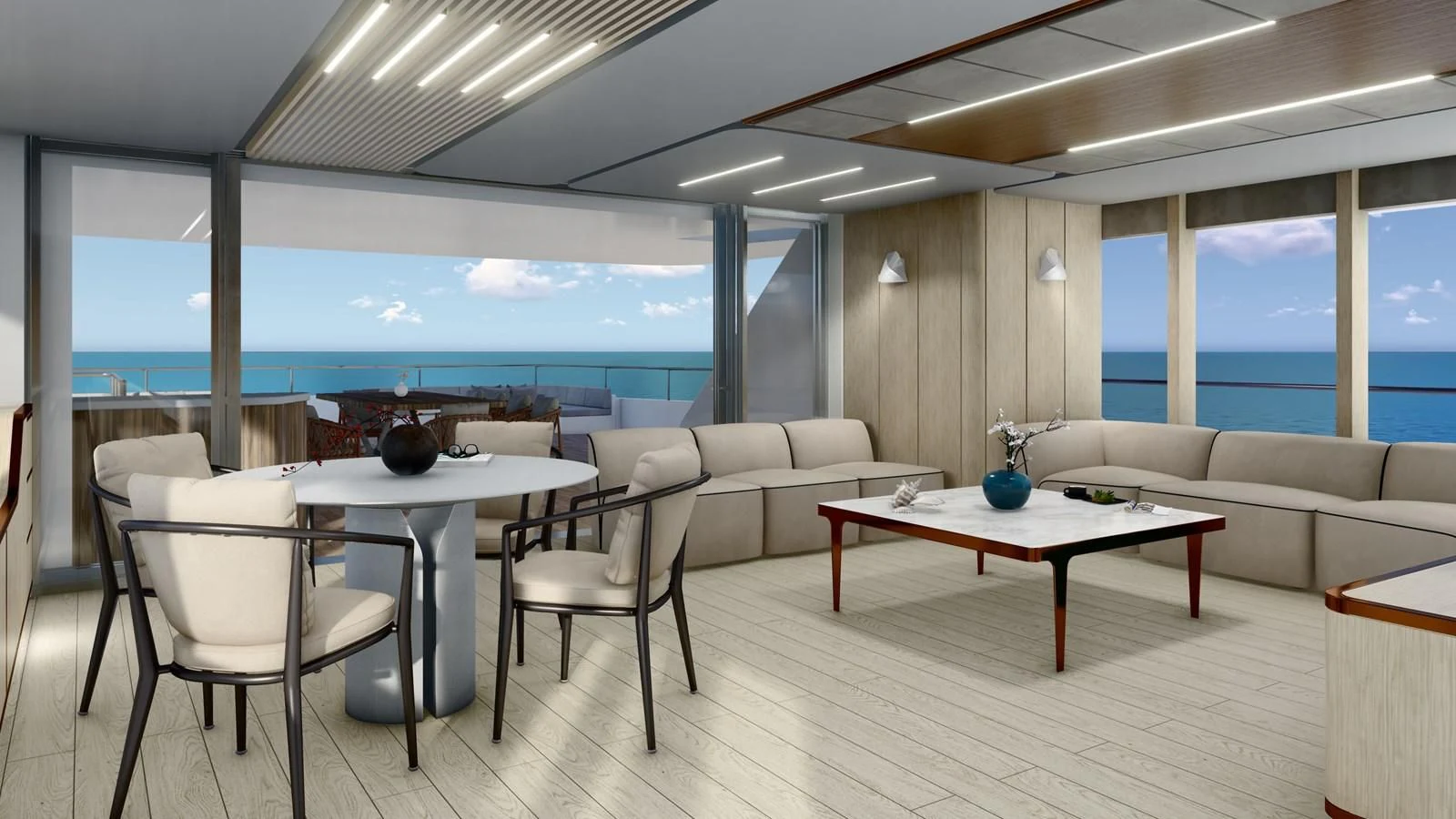 a room with a table and chairs aboard PROJECT ARTEMIS Yacht for Sale