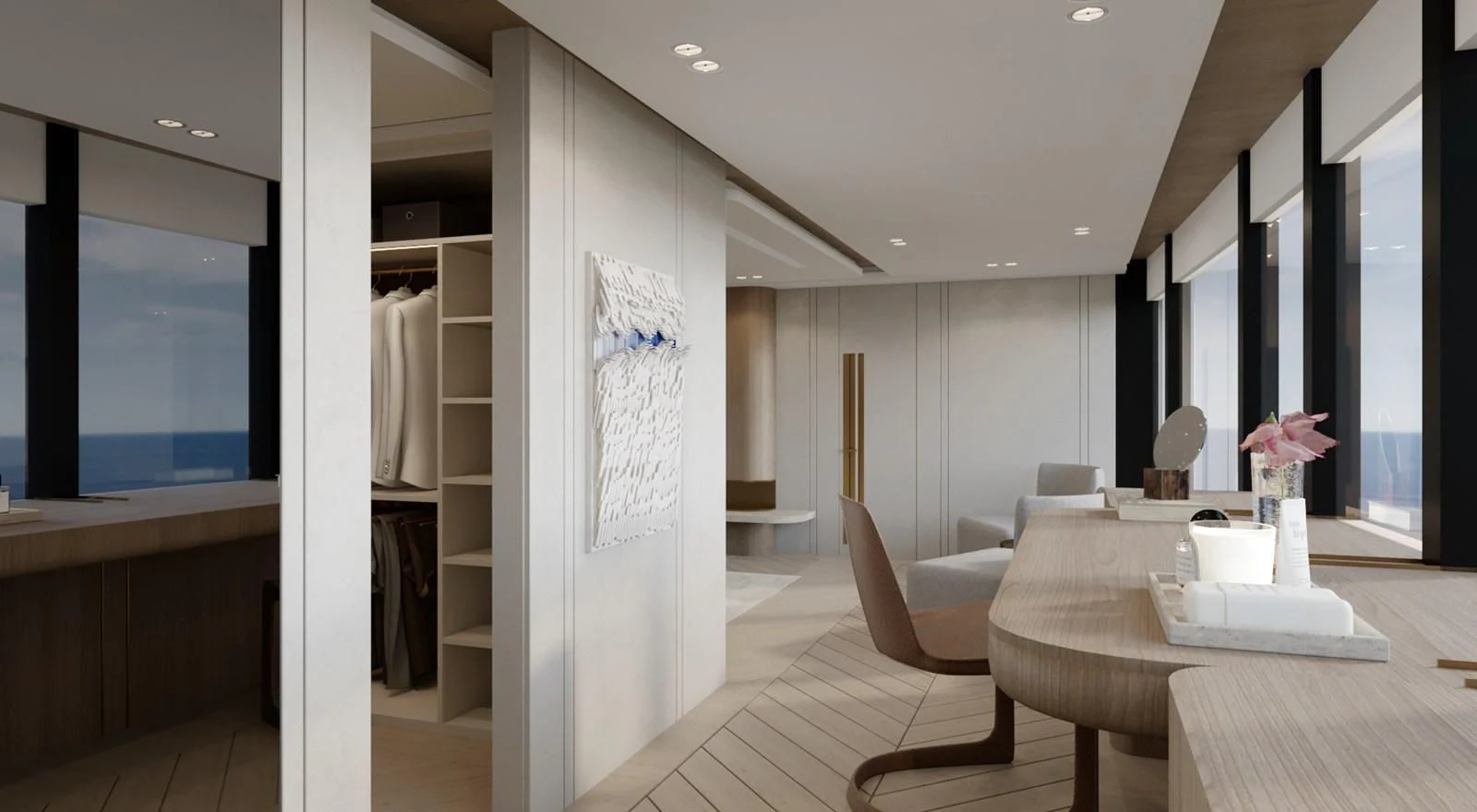 a room with a table chairs and a large window aboard PROJECT ARTEMIS Yacht for Sale