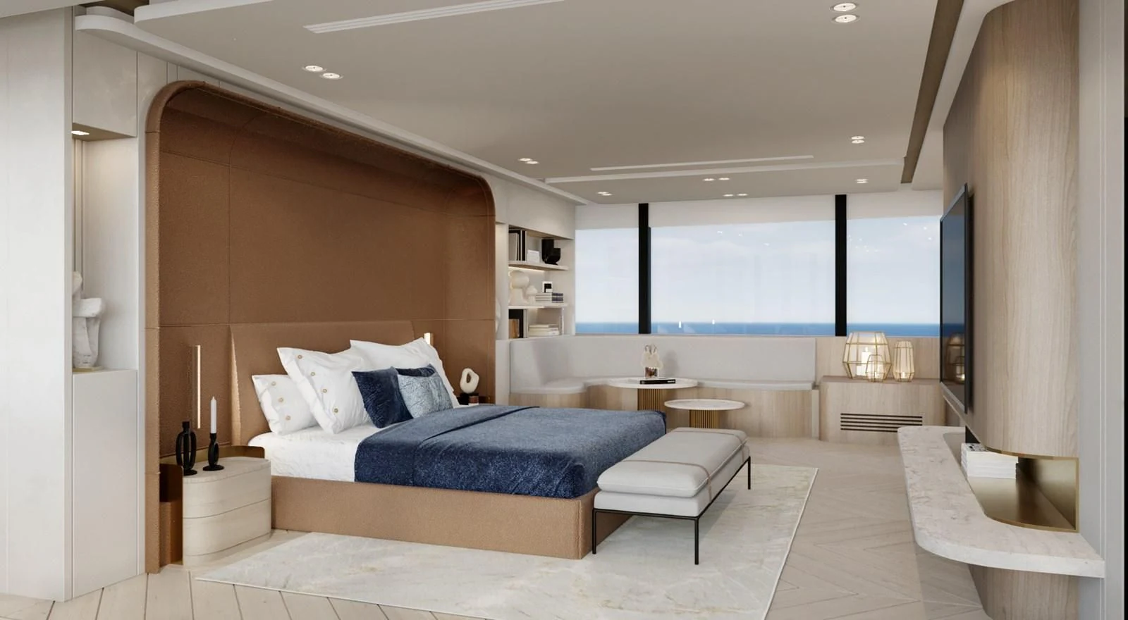 a room with a bed and a table aboard PROJECT ARTEMIS Yacht for Sale