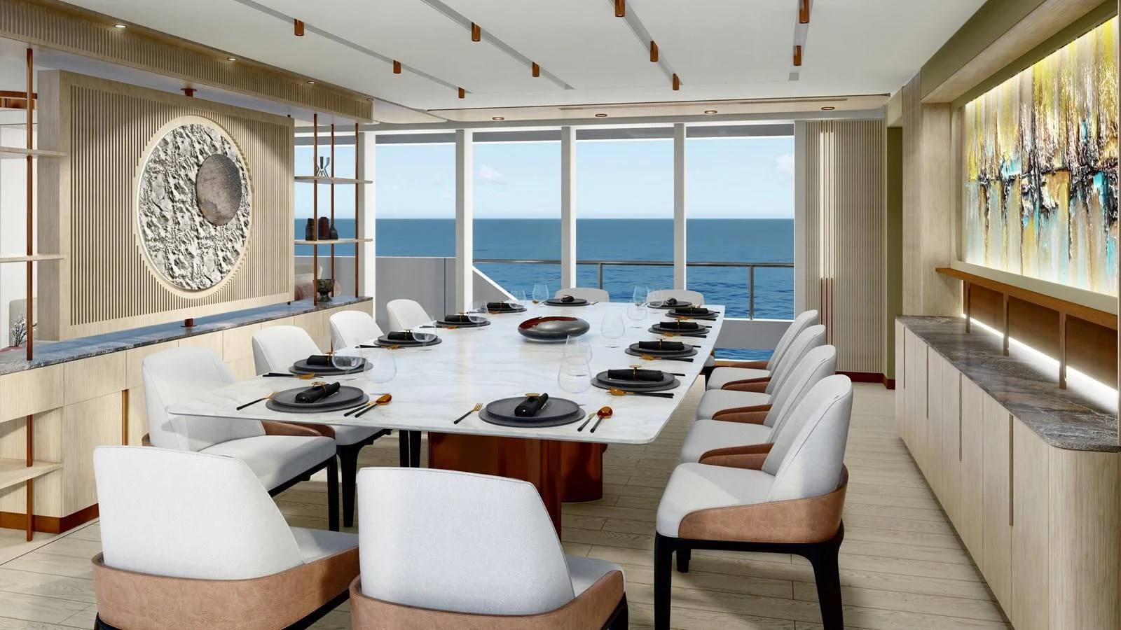 a large room with a table and chairs aboard PROJECT ARTEMIS Yacht for Sale