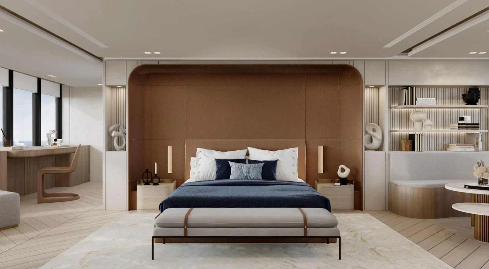 a bed in a room aboard PROJECT ARTEMIS Yacht for Sale