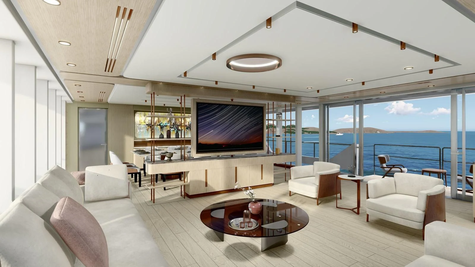 a large living room with a large screen aboard PROJECT ARTEMIS Yacht for Sale