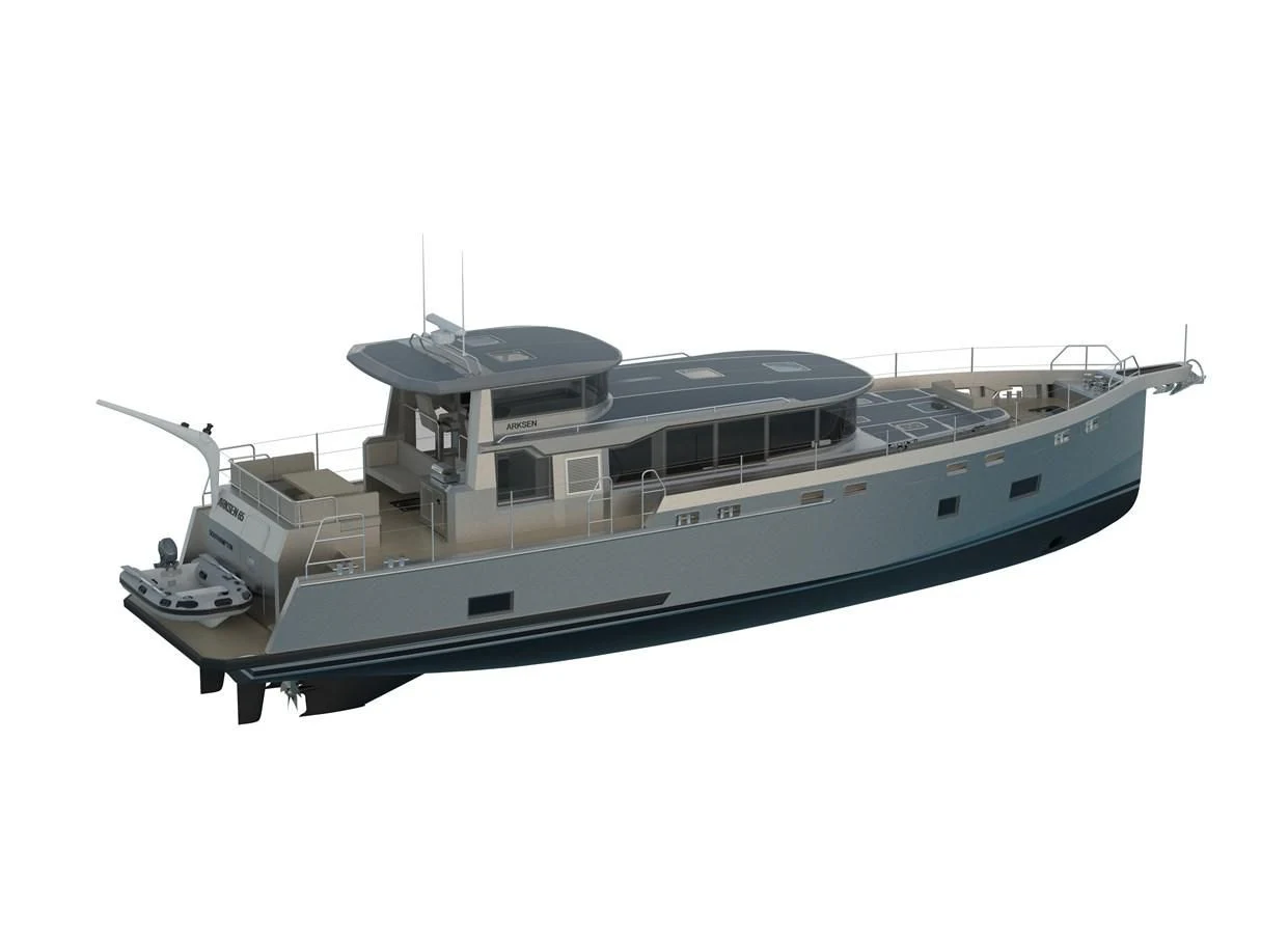 a white boat with a black roof aboard ARKSEN 65 Yacht for Sale