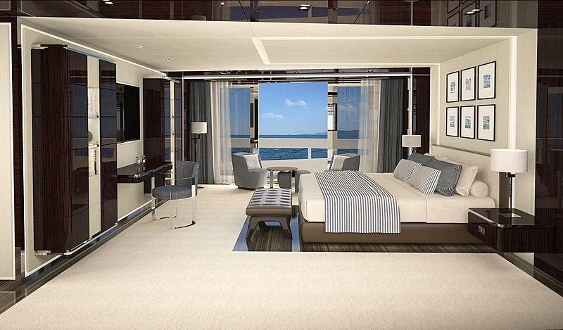 a large hotel room with a large bed and a large window aboard ISA GT 67M Yacht for Sale