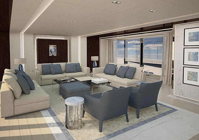 a living room with a couch and a coffee table aboard ISA GT 67M Yacht for Sale