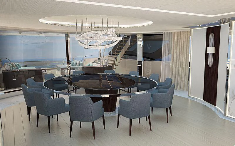 a large room with a table and chairs aboard ISA GT 67M Yacht for Sale