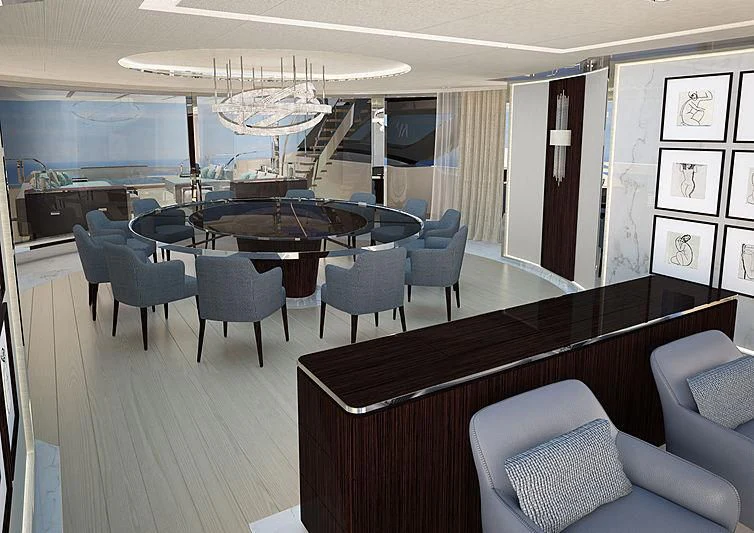 a room with a table chairs and a large window aboard ISA GT 67M Yacht for Sale