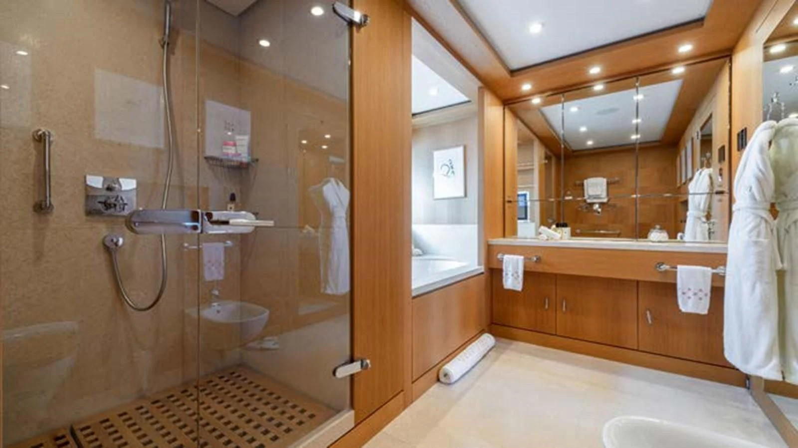 a bathroom with a shower unit aboard BATELLO Yacht for Sale