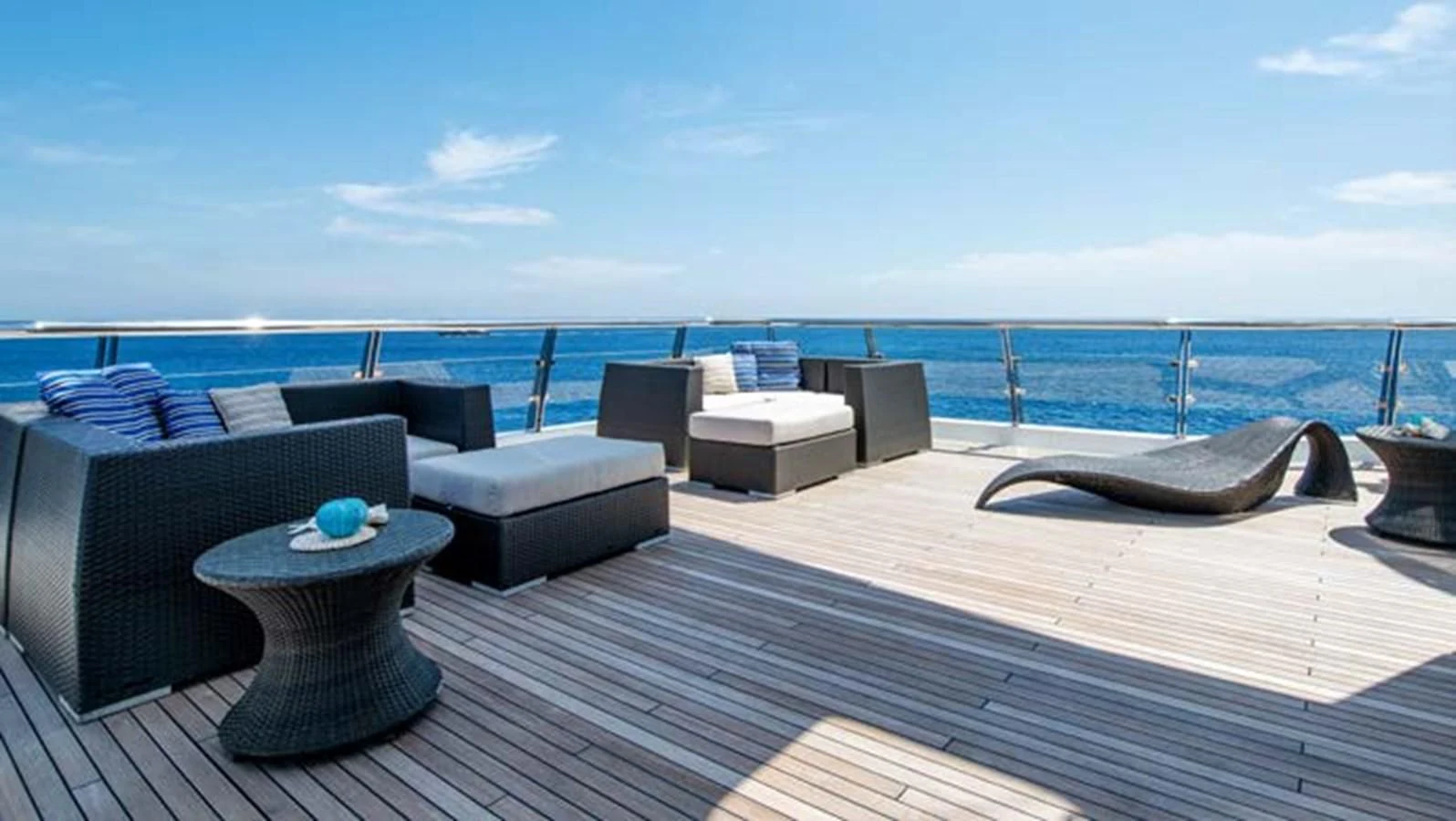 a deck with a view of the ocean and a large blue sky aboard BATELLO Yacht for Sale