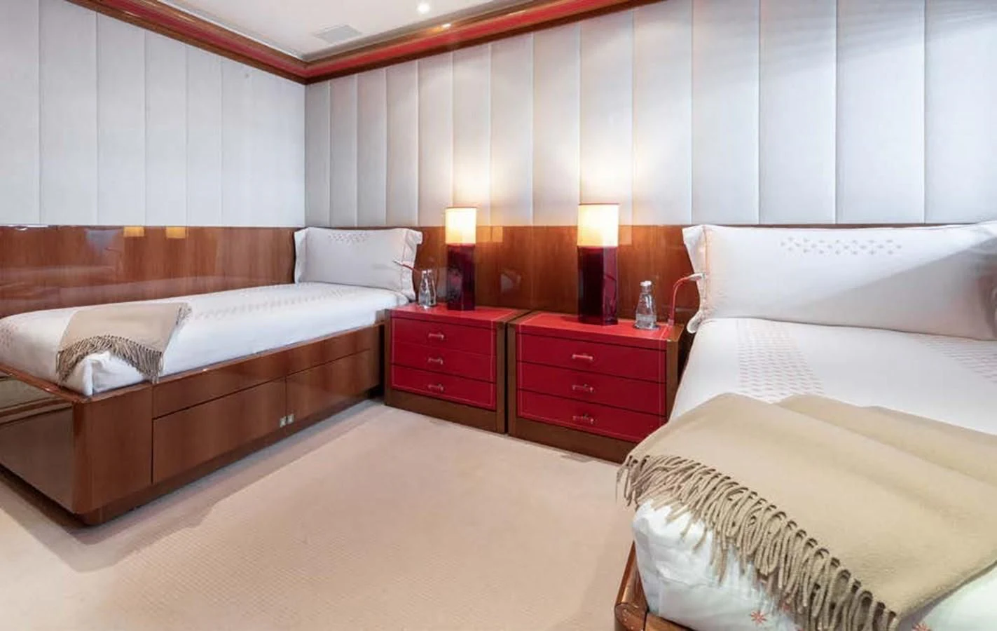 a couple of beds in a hotel room aboard BATELLO Yacht for Sale