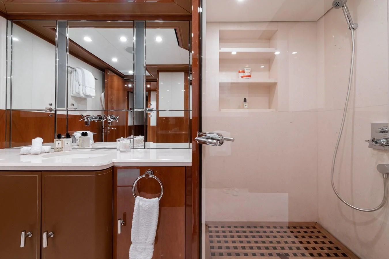 a bathroom with a shower unit aboard BATELLO Yacht for Sale