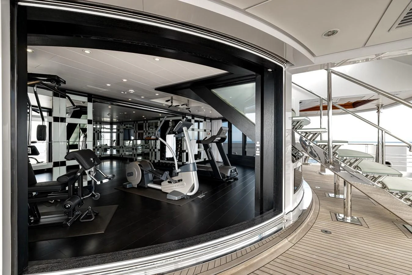 a room with treadmills aboard BATELLO Yacht for Sale