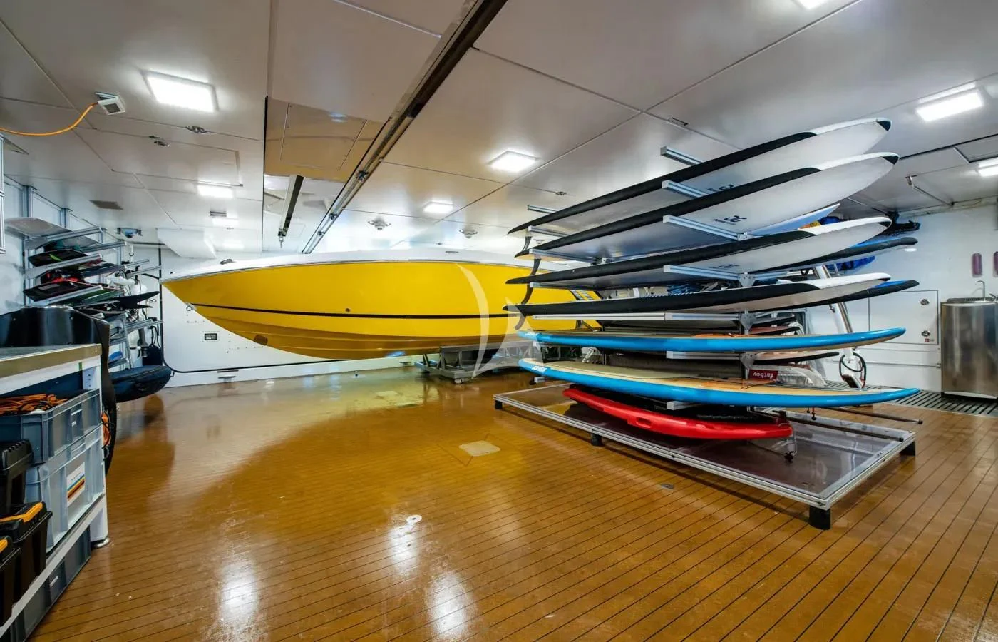 a yellow and blue machine aboard BATELLO Yacht for Sale