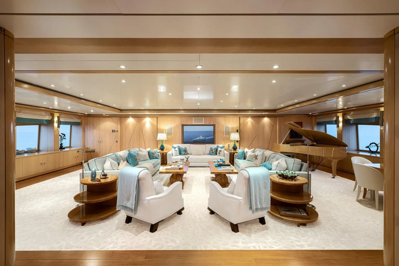 a large living room with a large open floor plan aboard BATELLO Yacht for Sale