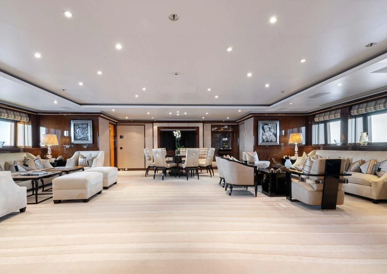a living room with a large open floor plan aboard BATELLO Yacht for Sale