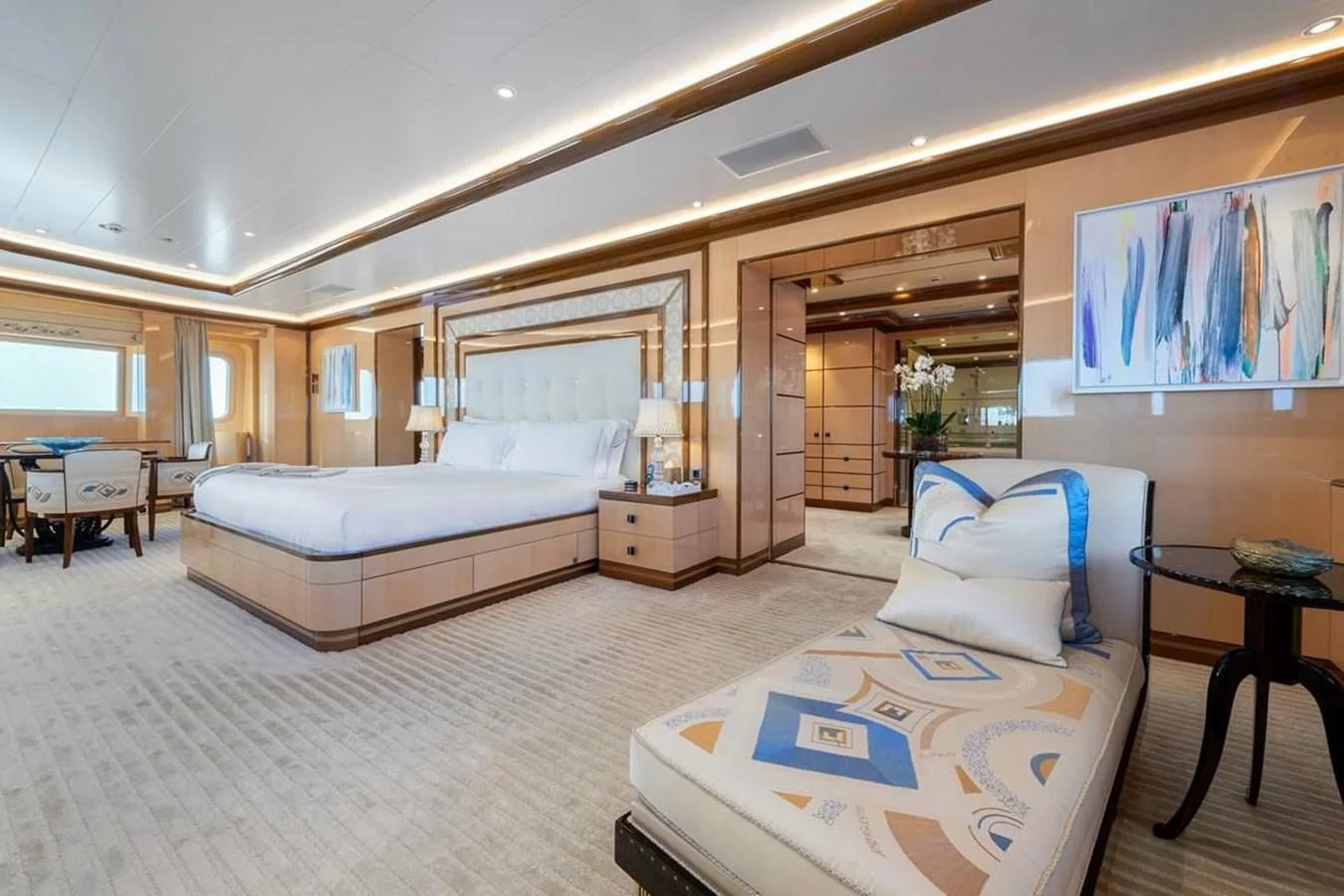 a large bedroom with a bed aboard BATELLO Yacht for Sale