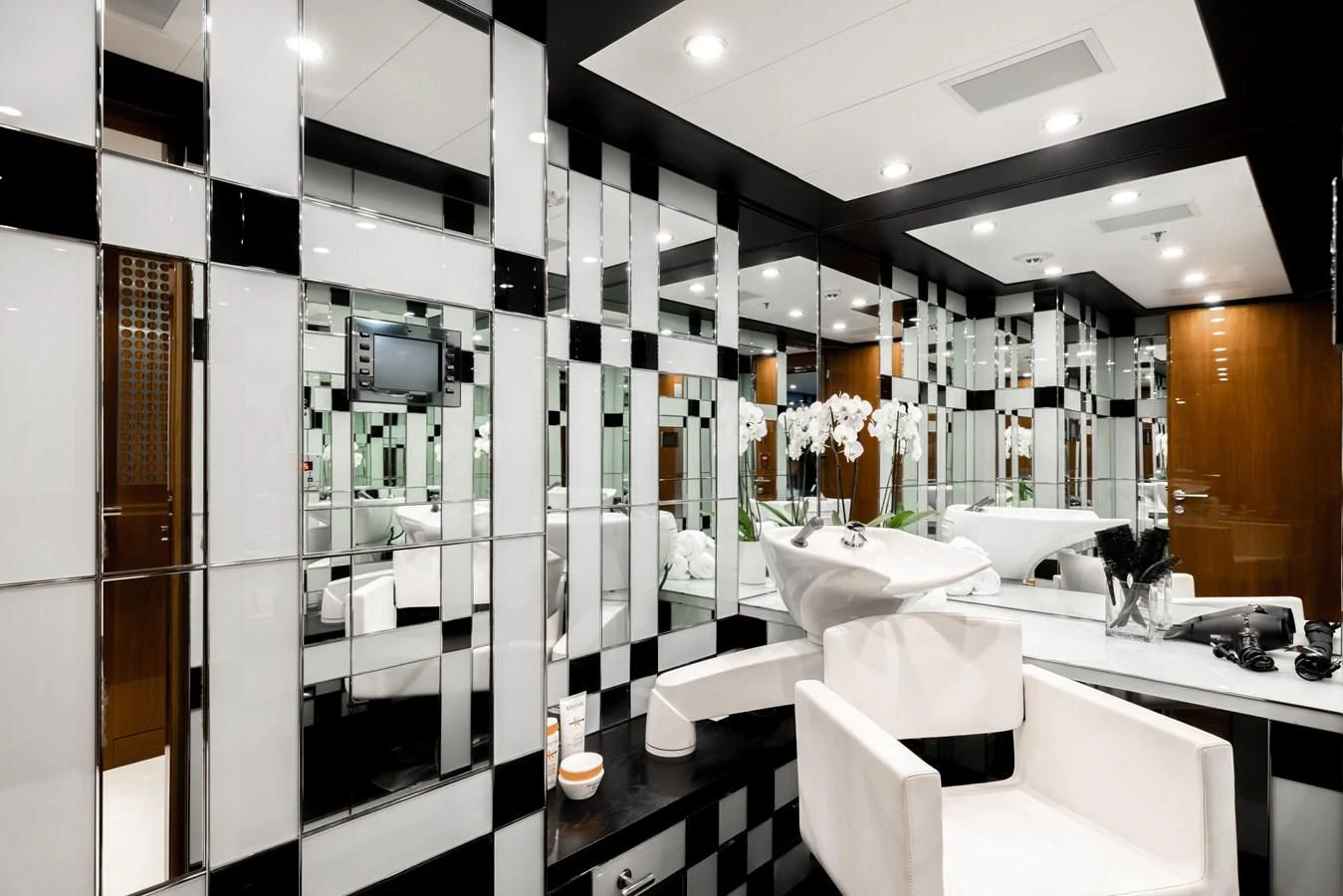a bathroom with a large mirror aboard BATELLO Yacht for Sale