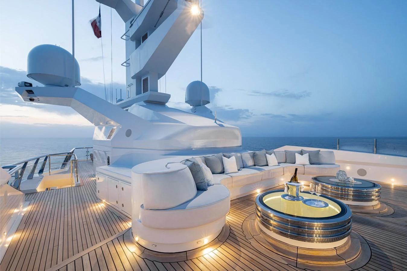 a large white ship on a deck aboard BATELLO Yacht for Sale