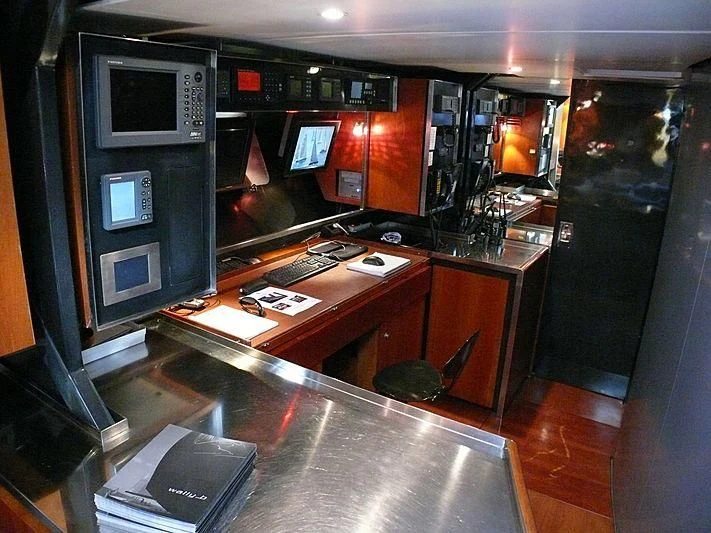 a room with a tv and a table aboard WALLY B Yacht for Sale