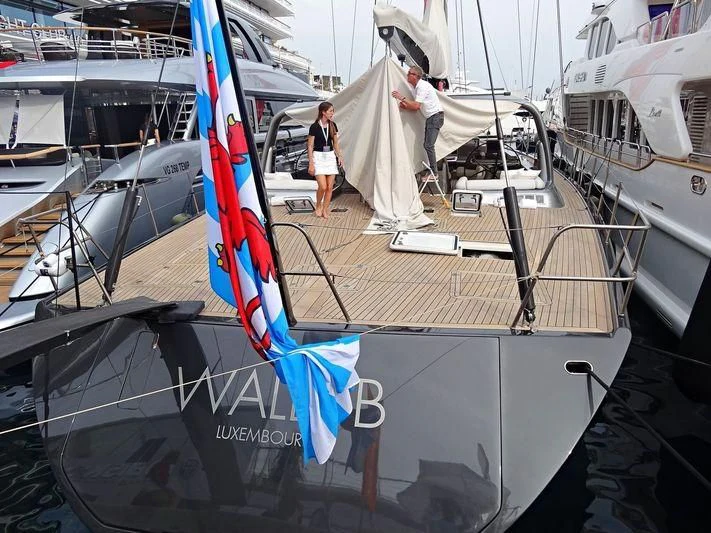 a boat with flags on it aboard WALLY B Yacht for Sale