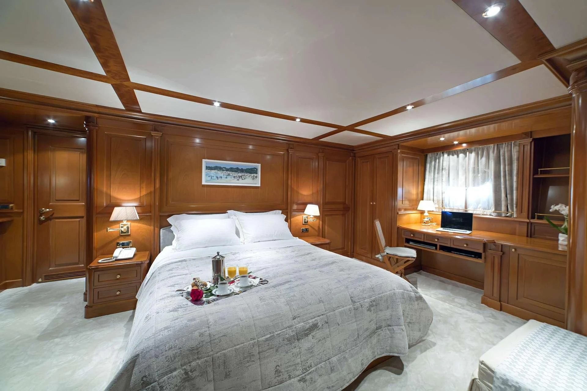 a bed in a room aboard AQUILA Yacht for Sale