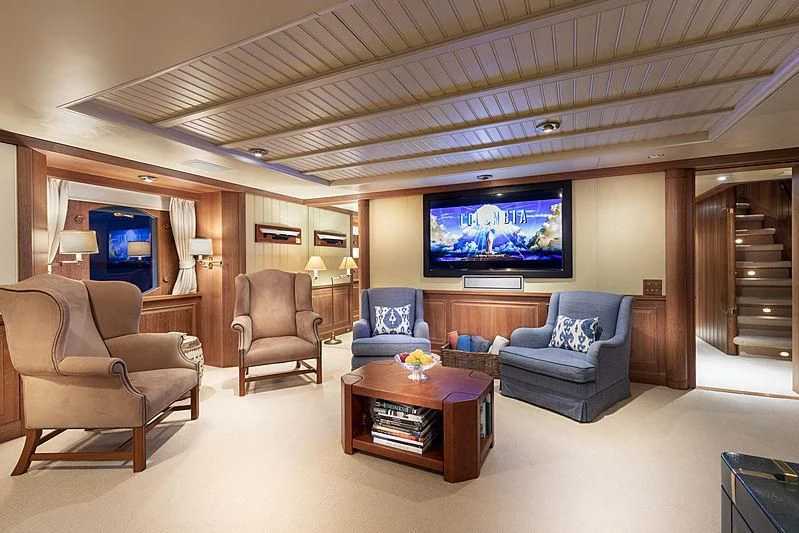 a living room with a large screen aboard GLACIAL BEAR Yacht for Sale