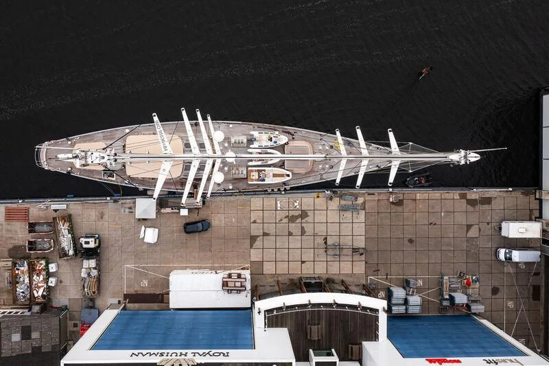 a large airplane in a large building aboard ATHOS Yacht for Sale