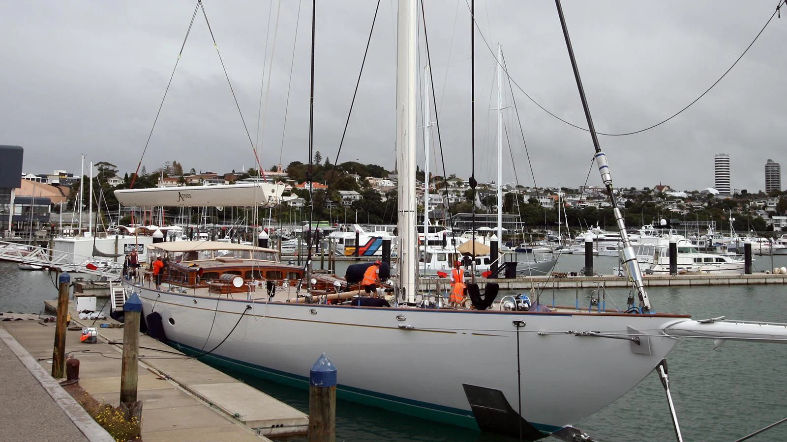 a boat docked at a pier aboard ATHOS Yacht for Sale