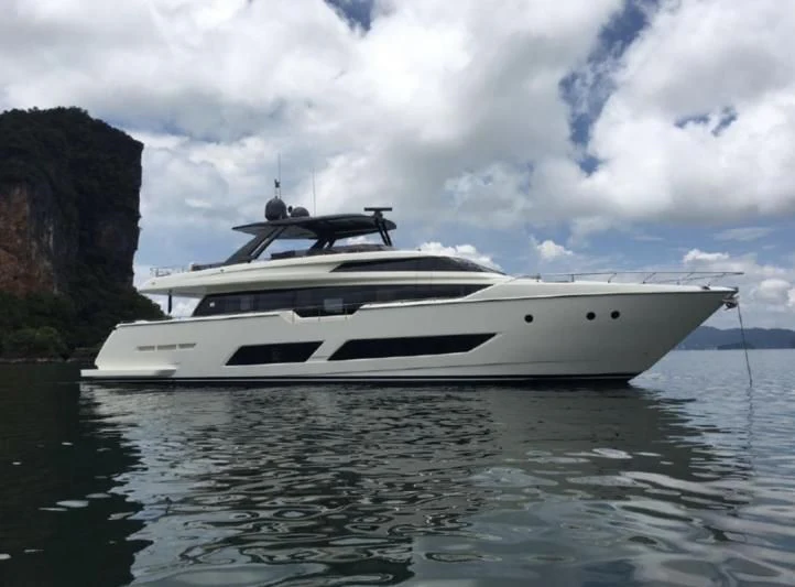 a white yacht on water aboard ORIANT Yacht for Sale