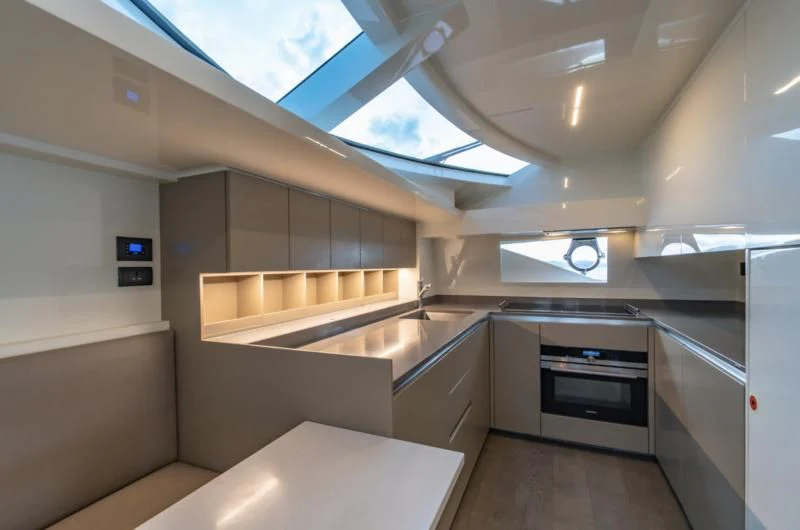 a room with a ceiling fan aboard ORIANT Yacht for Sale