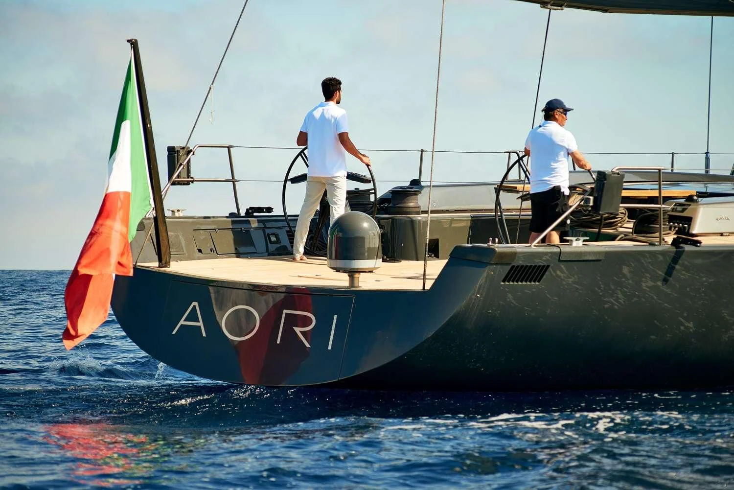 two men on a boat aboard AORI Yacht for Sale