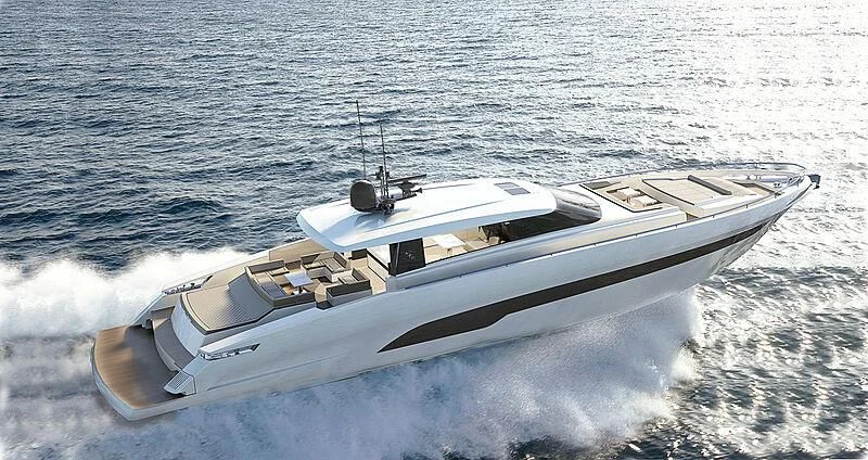 a white boat in the water aboard REBELOTT Yacht for Sale