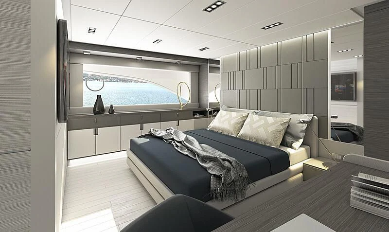 a bed in a room aboard REBELOTT Yacht for Sale