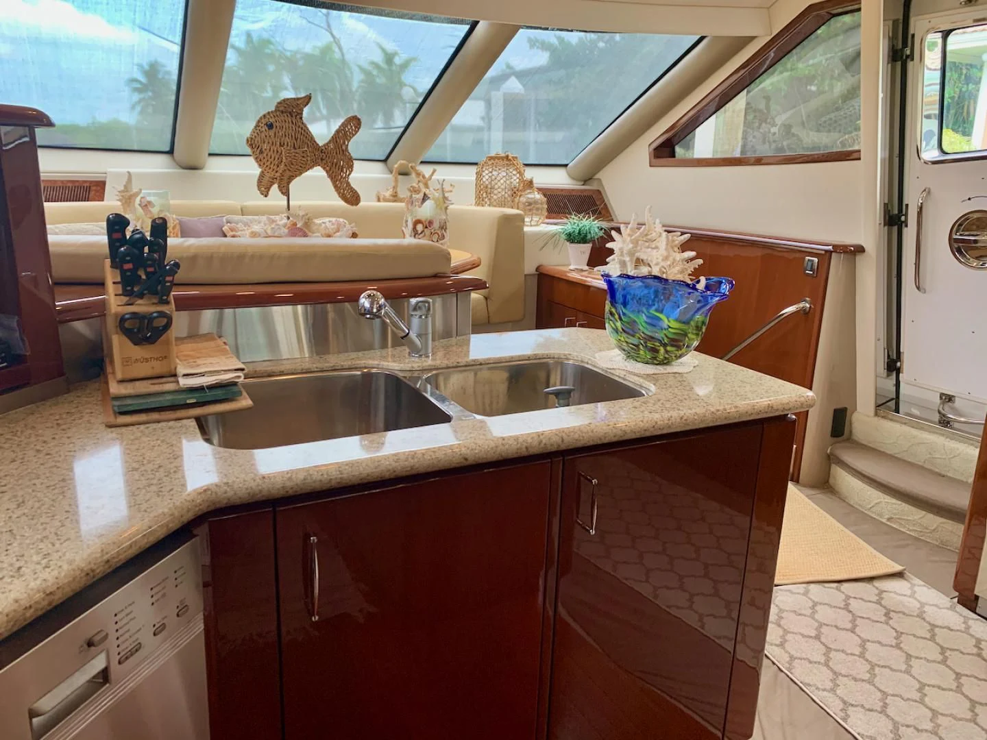 a kitchen with a statue aboard QUEEN MARA Yacht for Sale