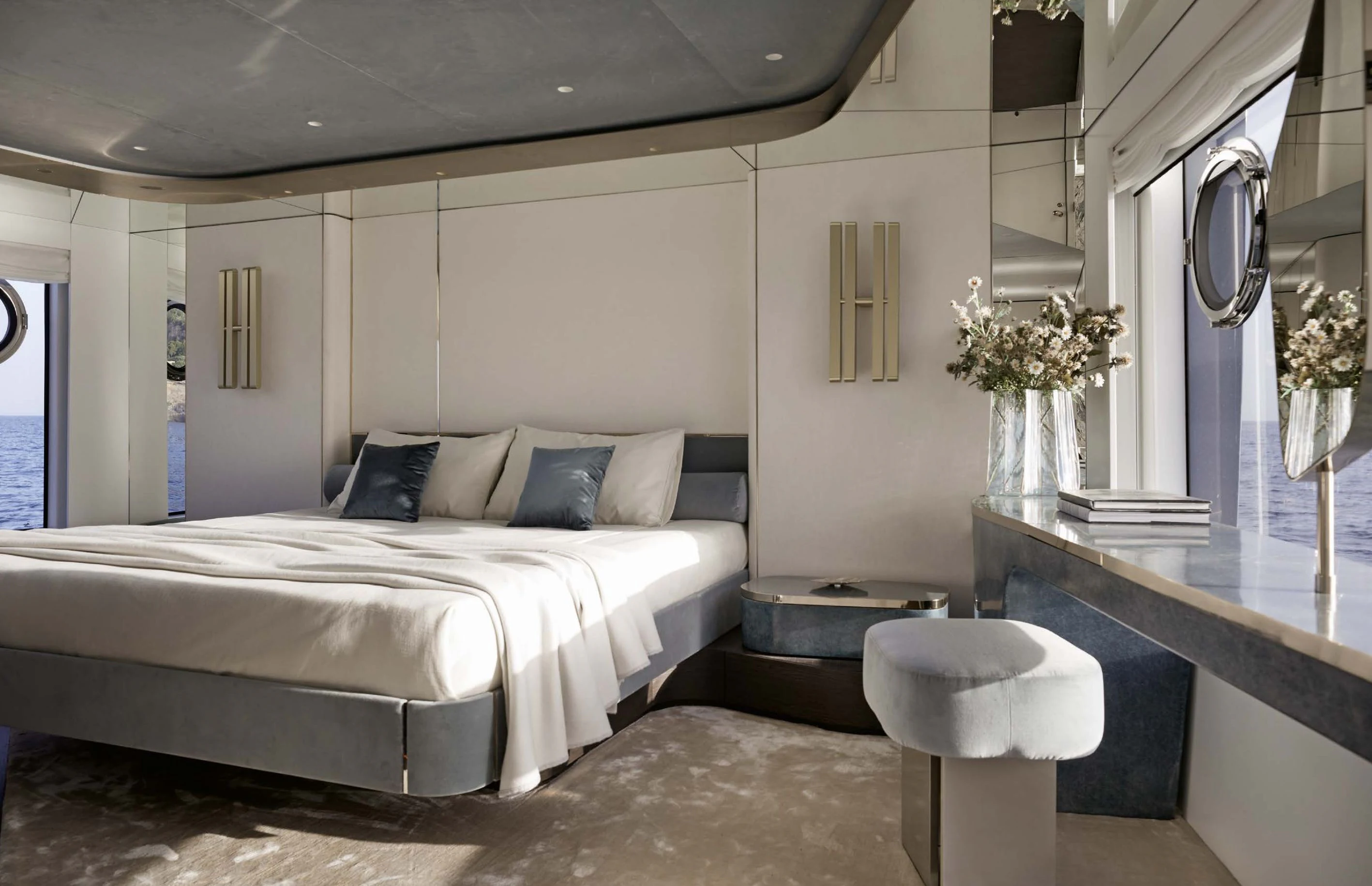 a bed with white sheets aboard AZIMUT MAGELLANO 30 Yacht for Sale