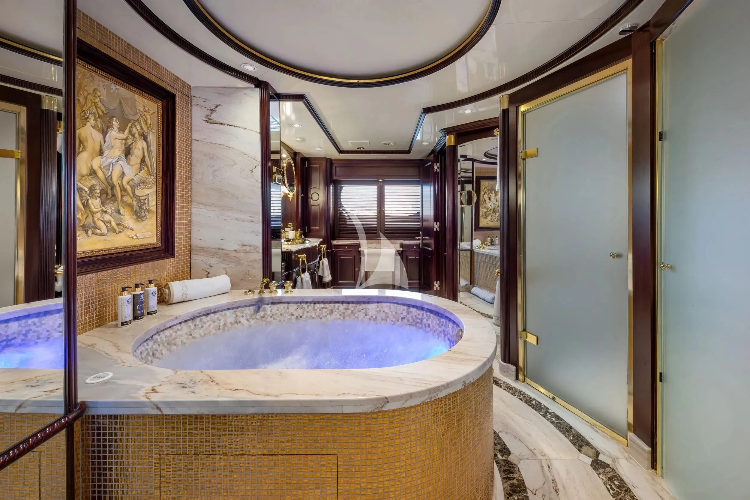a large bathroom with a large jacuzzi tub aboard AKIRA ONE Yacht for Charter