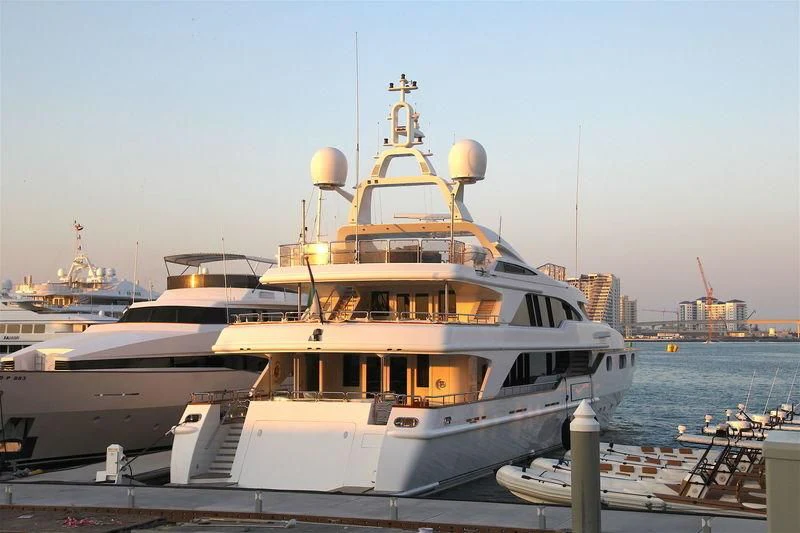a large white boat in the water aboard AKIRA ONE Yacht for Charter