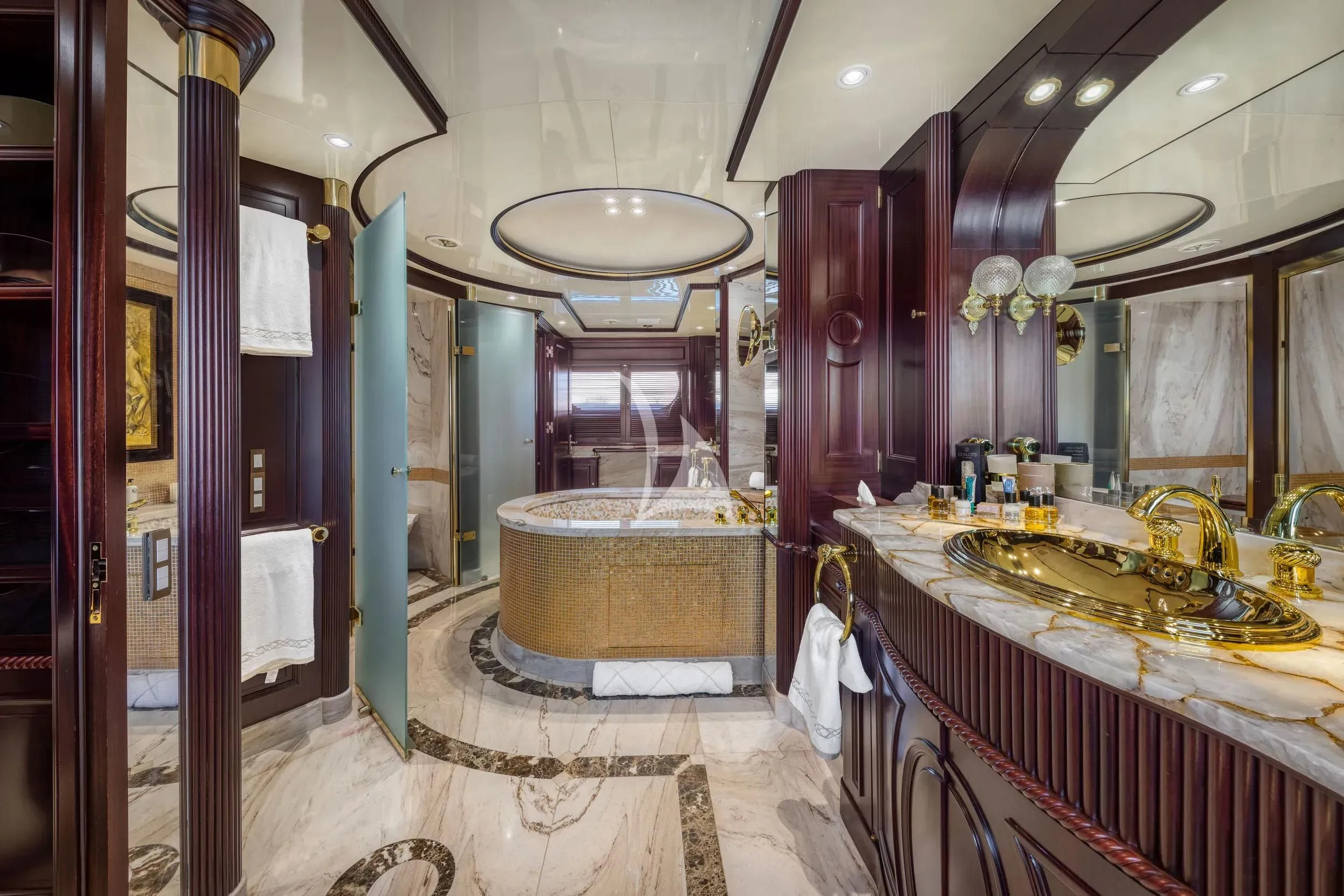 a bathroom with a large tub aboard AKIRA ONE Yacht for Charter