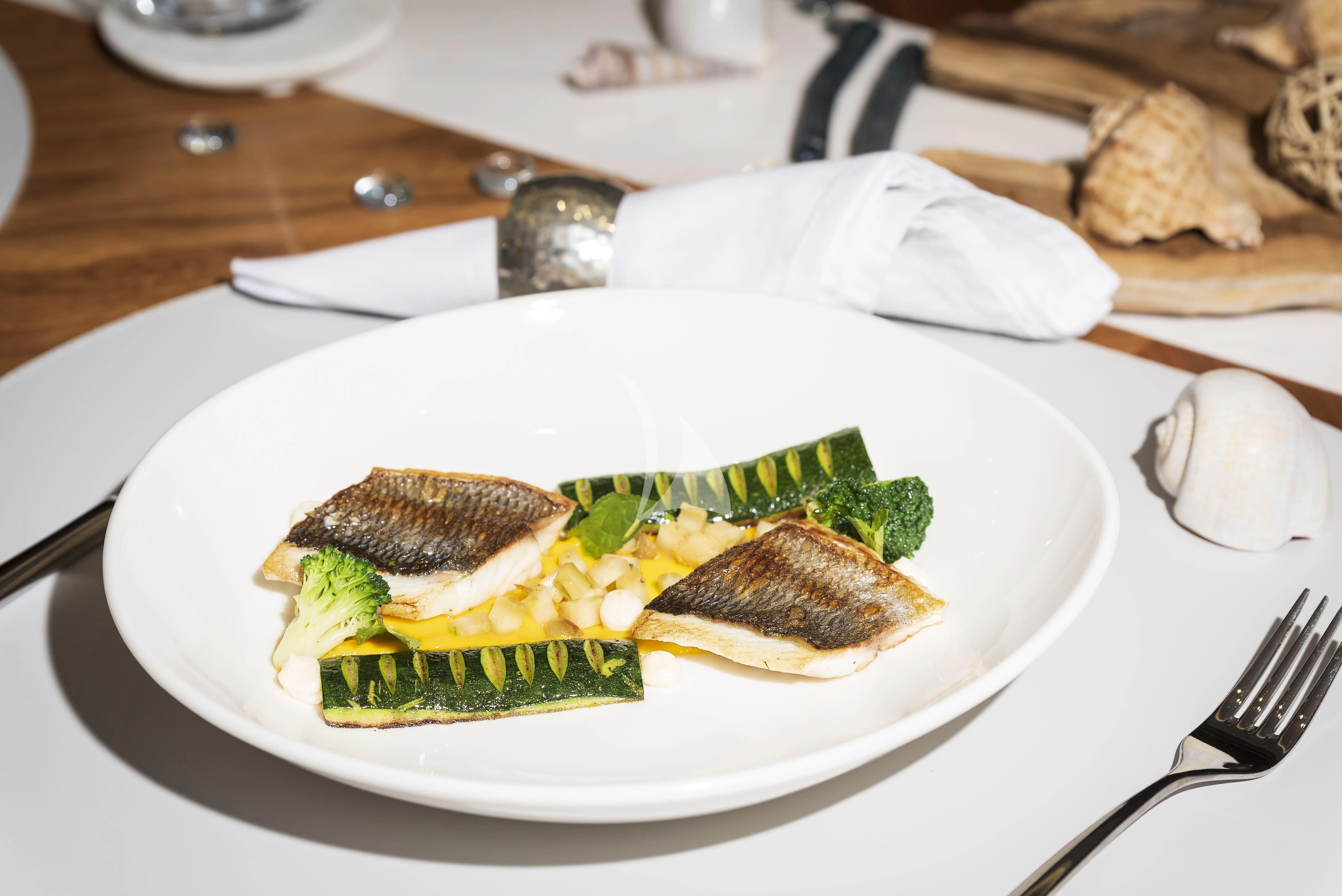 a plate of food aboard HUNKY DORY OF LONDON Yacht for Sale