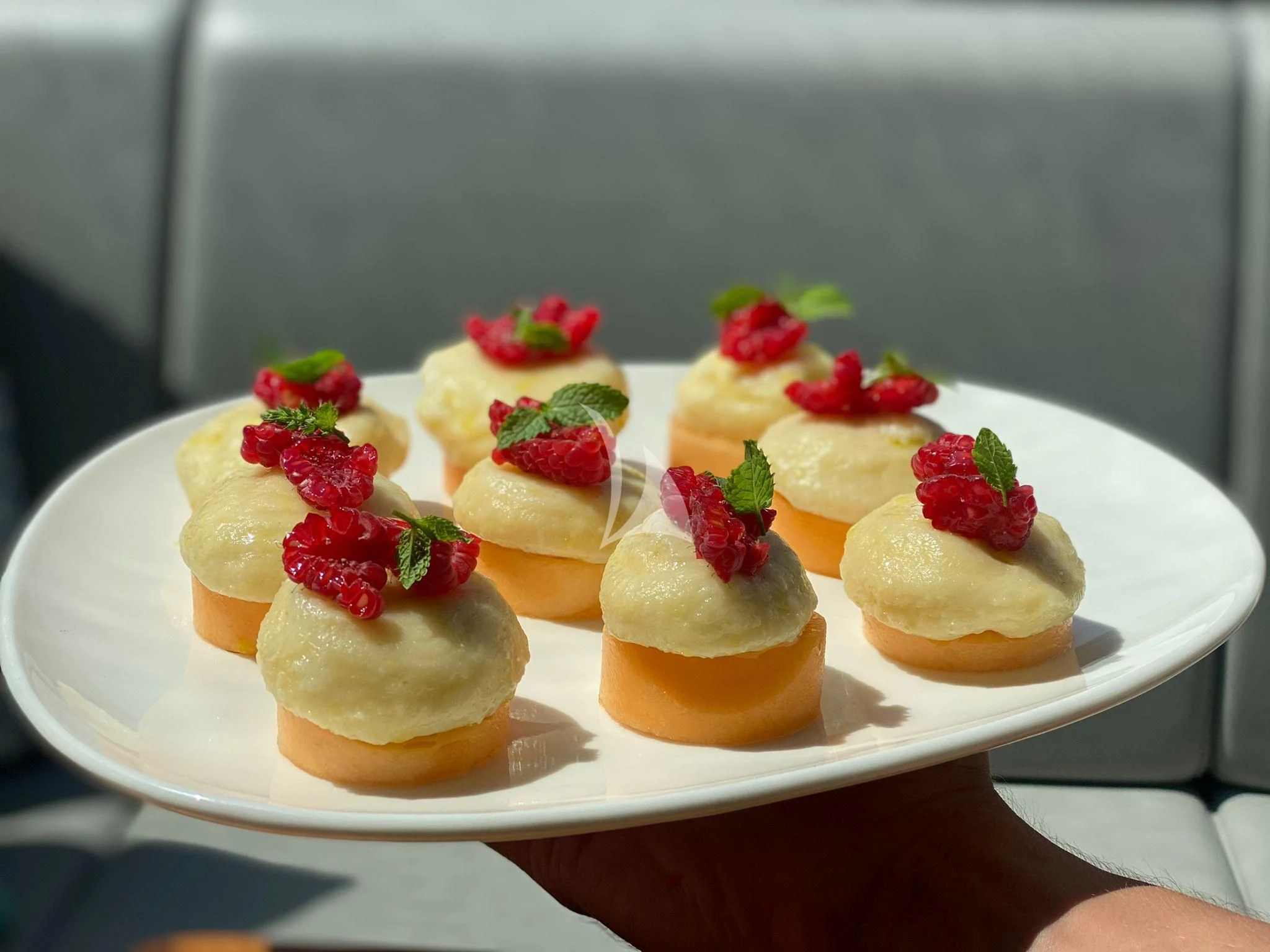 a plate of desserts aboard HUNKY DORY OF LONDON Yacht for Sale