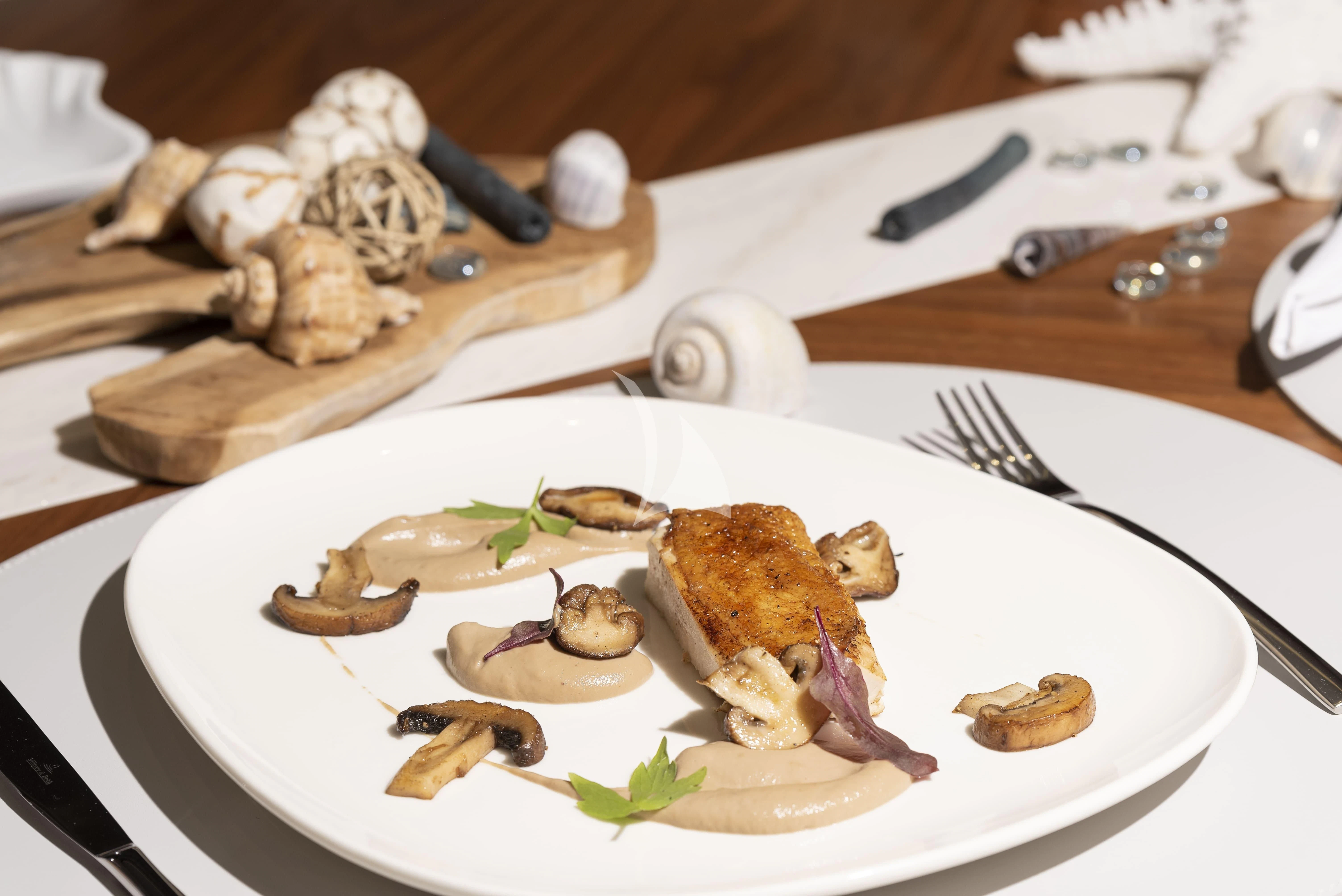 a plate of food aboard HUNKY DORY OF LONDON Yacht for Sale