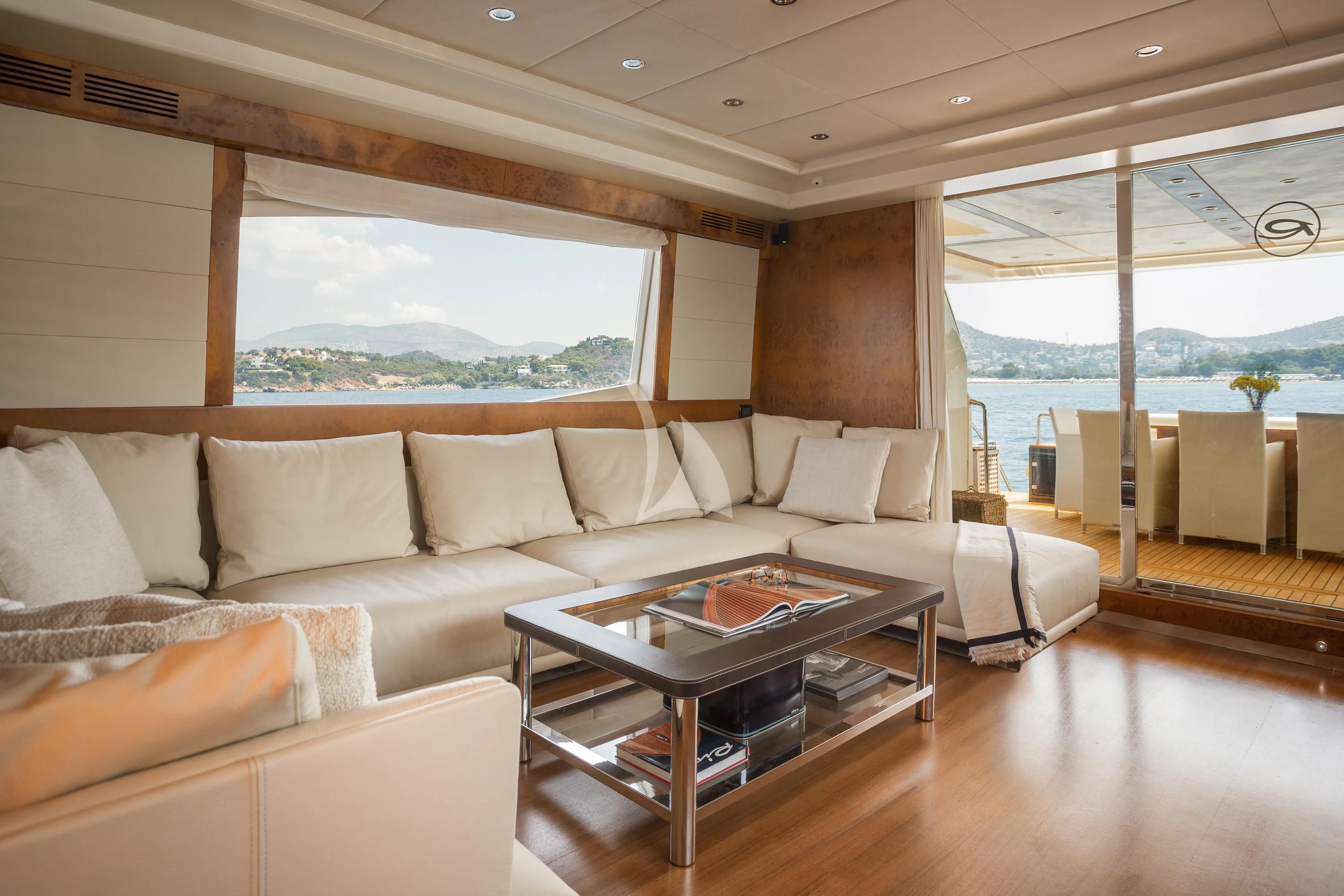 a living room with a large window aboard ANLIA Yacht for Sale