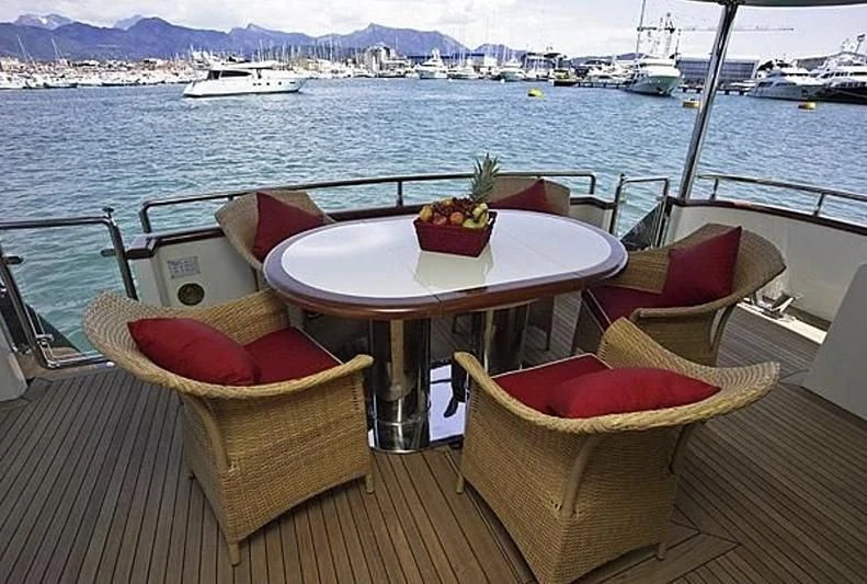 a table with a fruit on it by a body of water aboard ANLIA Yacht for Sale