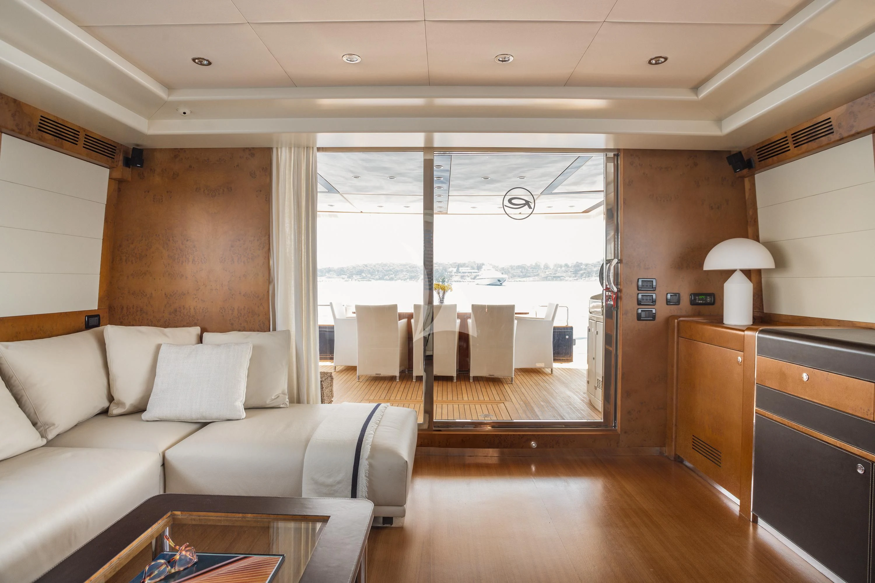a living room with a large window aboard ANLIA Yacht for Sale