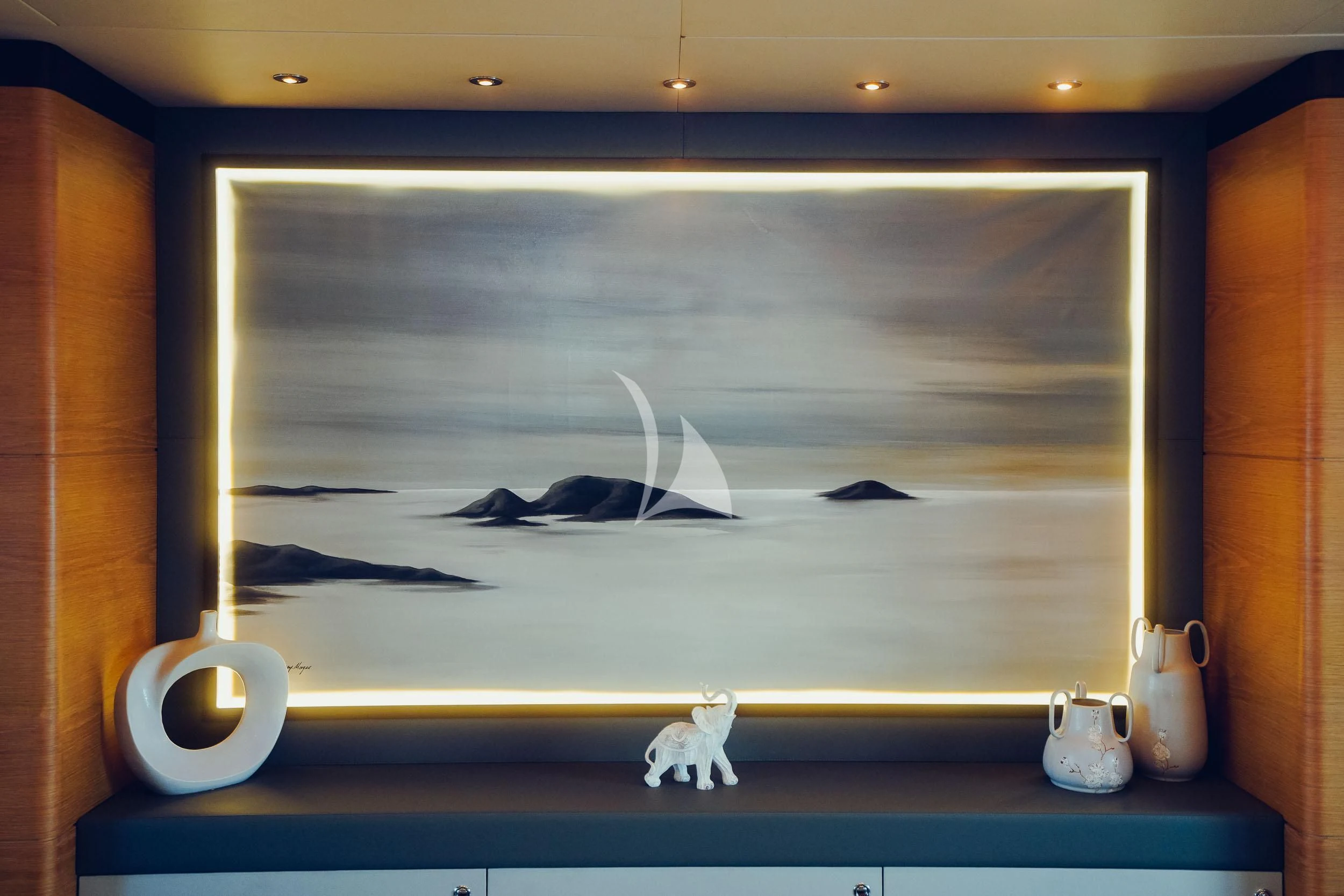 a television screen with a bird on it aboard TATIANA I Yacht for Sale