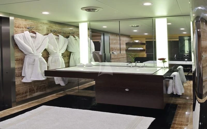 a large bathroom with a large display aboard TATIANA I Yacht for Sale